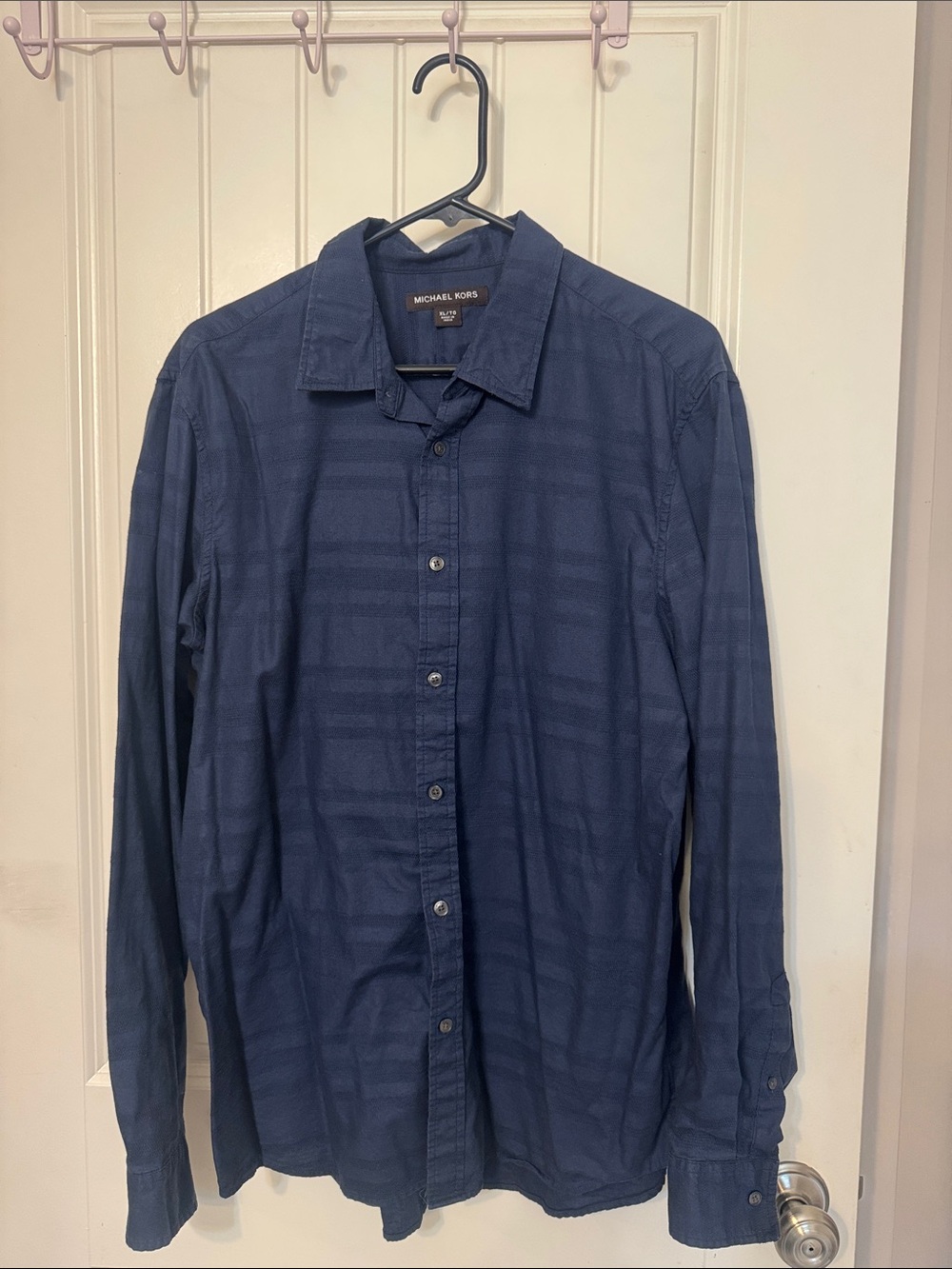 Michael Kors Men's Dark Blue Striped Casual Button-Down Shirt